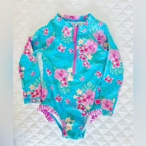 RuffleButts Girls Pink & Blue Orchid Oasis Long Sleeve One Piece Rash Guard - 3T